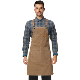Canvas Work Apron, Cross Back Aprons for Men, Women, Cooking, Carpenter, Woodworking, Chef, BBQ, Grilling, Bartender, Hair Stylist (Brown)