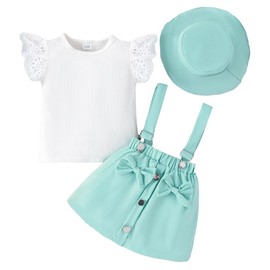 LUVCES Toddler Baby Girl Ruffle Fly Short Sleeve Ribbed Top + Bow Suspender Skirt Jumpsuit Dress + Hat Clothing Set Outfits, a:3pcs green, 6-12 months