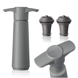 Vacu Vin Wine Saver Pump Grey with Vacuum Wine Stopper - Keep Your Wine Fresh for up to 10 Days - 1 Pump 2 Stoppers - Reusable - Made in the Netherlands