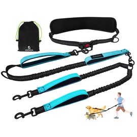 LEOSASA Hands Free Double Dog Leash for Two Dogs- No Tangle No Pull Dual Leash with Padded Adjustable Waist Belt & Reflective Stitching - Ideal for Running, Jogging, Hiking with Medium & Large Breeds