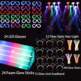 272 PCs Glow Party Supplies, 24 Foam Glow Sticks, 24 LED Glasses and 200 Glow Sticks ＆ Bracelets, 12 Glow sticks headband 12 Fiber Optic Hair Light，Glow Neon Party Favors for Wedding, Concert, Raves