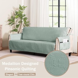 Pamhaven Sage Green Quilted Sofa Cover, Anti-Slip Medallion Designed Couch Covers for 3 Cushion Couch, Sofa Slipcovers for Dogs Cats Water-Repellent, Machine Washable (Large Sofa 68", Sage Green)