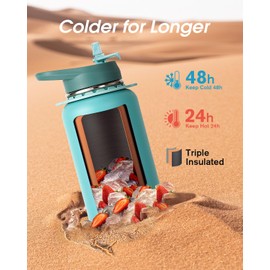 Coolflask Water Bottle 40 oz with Strap, Insulated Metal Water Flask with Straw & Spout Lids, Stainless Steel Double Wall Vacuum, Keep Cold 48h Hot 24h, Leak Proof & Non-BPA, Agate Green