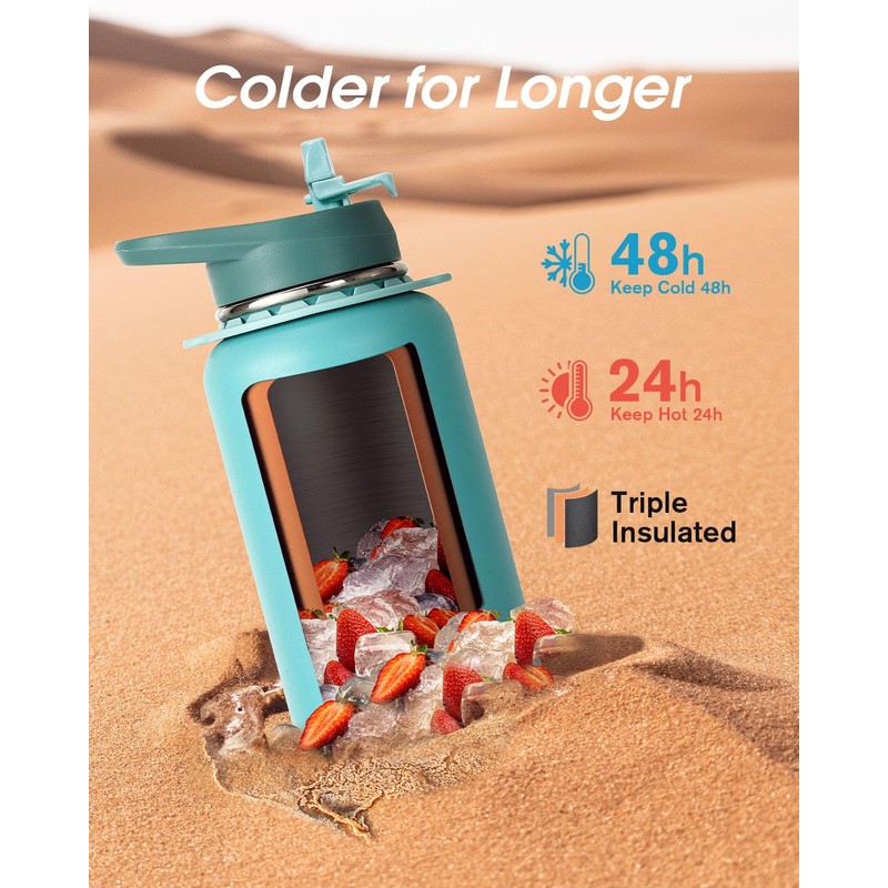 Coolflask Water Bottle 40 oz with Strap, Insulated Metal Water