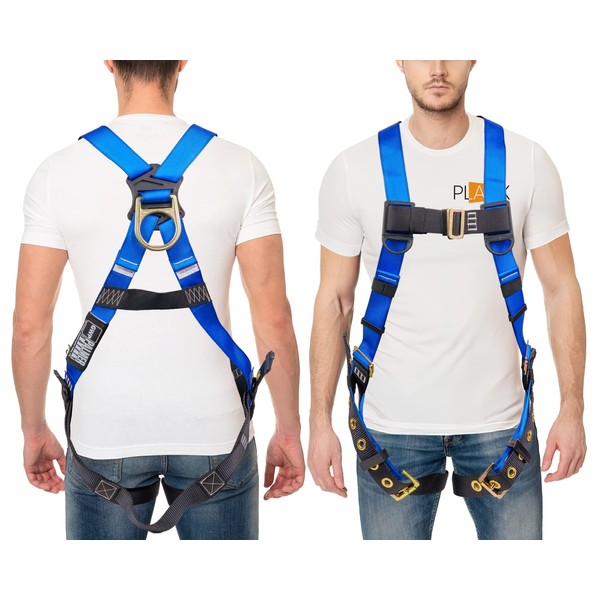 Palmer Safety Full Body Construction Harness with 5 Point Adjustment, Back D-Ring, Grommet Legs, and Fall Indicators I OSHA ANSI Roofing Tool Personal Equipment (Blue - Universal)