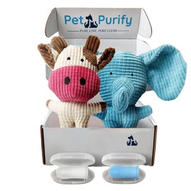 Pet purify Dog Toy, Interactive and Chewable, Ideal for Small and Medium Breeds. Dental Cleaning Toy Keeps Your Pet Busy. Plush toys. Squeaky Toy. 2 Soft Bristle Dog Toothbrushes. (Elephant and cow)