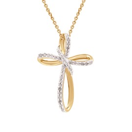 GILDED 14K Gold Plated over Sterling Silver Necklace for Women with Natural Diamond and Twist Cross Pendant, 18" Cable Chain, 1/4 Carat Total Weight Diamonds & Elegant Gift Box Included