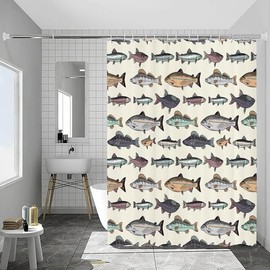 GardEssere Fish Shower Curtain with 12 Hooks Blue Vintage Fishes Drawing Salmon Trout Fishing Shower Curtains for Bathroom Cartoon Carp Lake Fish Bathroom Decor Waterproof Bath Curtain Set 183X183 CM