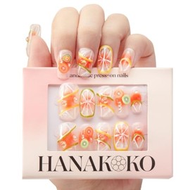 Hanakoko Handmade Press-On Nails, Floral Designs with Glitter and Pearls, Coffin Shape Press-on Nails Reusable 10 Pcs (Soda Pop, S)