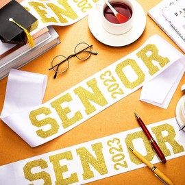 Marsui Senior 2023 Satin Sashes with Glitter Letters Cheerleader Cheer Sash 2023 Sashes for Graduation Party(White, Gold, 12 Pcs)