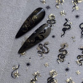 Jremg Snake Nail Art Stickers Gold Star Black Snake Nail Decals 3D Self-Adhesive Laser Sun Starlight Nail Design Y2K Shiny Horror Snake Nail Supplies Snake Print Nails Foils for Women Nails Manicure