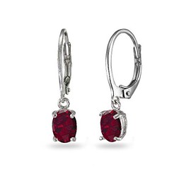 Sterling Silver Created Ruby 7x5mm Oval-cut Small Dainty Leverback Dangle Earrings for Women