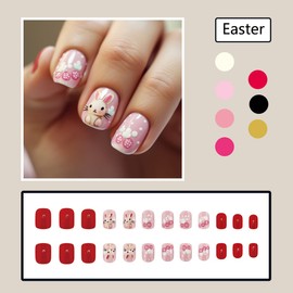 24Pcs Easter Press on Nails Short Square Fake Nails Cute Rabbit Easter Egg False Nails with Designs Pink Red Bunny Acrylic Nails Full Cover Glue on Nails for Women Easter Manicure Decor