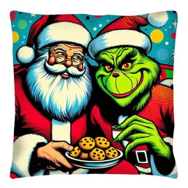 The Beach Stop Pop Art Father Christmas and The Grinch Accent Cushion Cover | Colourful Home Decor Gift Idea | 45x45cm 18x18” | Santa & Grinch