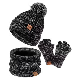 Kids Winter Hat Gloves Scarf Set,Girls Hats Beanie with Pom Knit Neck Warmer Gaiter Mittens Fleece Lined,Girls Accessories Cold Weather Set for Toddler Children Boys（Black Mix）