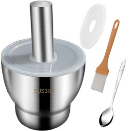 Locci Mortar and Pestle Set Large, Molcajete, Pill Grinder Guacamole Muddler and Bowls Herb Pesto Spice Crusher, 18/8 Stainless Steel (Large-5inches)