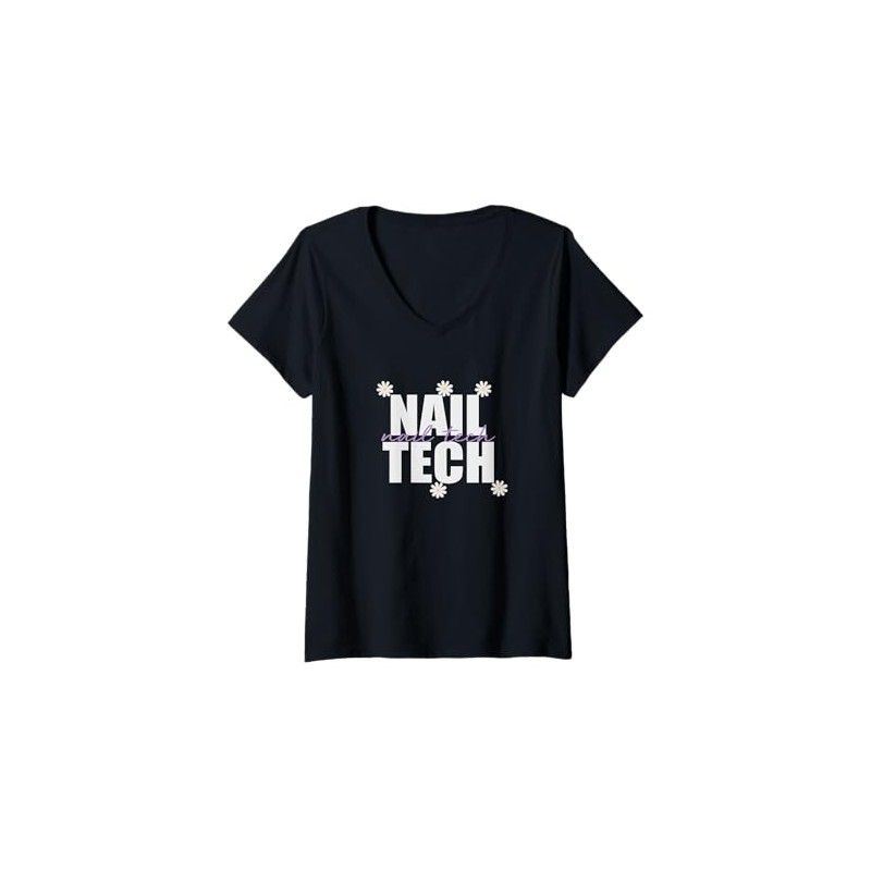 Womens Nail Tech Flower Nail Tech V-Neck T-Shirt