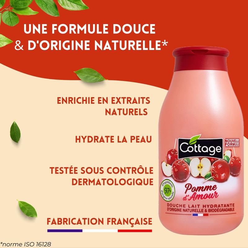 Cottage Duschgel, feuchtigkeitsspendende Milch, 97% Inhaltsstoffe natürlichen Ursprungs, 250 ml,