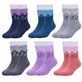 WYTartist Children's Thermal Socks Warm Toddler Girls Cartoon Cute Animal Socks Casual Sports School Running Socks for 1-12 Years, 6 Pairs, Cat