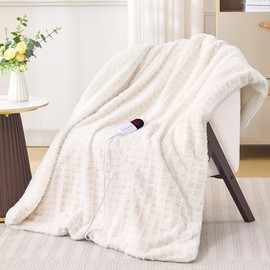 PTQ Waffle Heated Throw Blanket 62"x84" – Electric Blanket with 6 Heat Levels & 10 Timer Settings, Ultra-Soft Faux Fur & Sherpa, ETL Certified, Machine Washable, Ideal Gift for Women (Ivory/Cream)