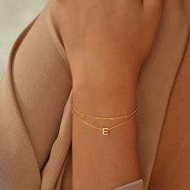 Turandoss Gold Layered Initial Bracelets for Women Trendy, Dainty 18K Real Gold Plated Stackable Bracelets Layered Letter E Initial Gold Charm Bracelets for Women Jewelry Gifts