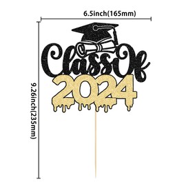 1 pieza de decoración para tartas de graduación 2023 con purpurina clase de 2023 para decoración de tartas de graduación 2023 para niños y niñas, suministros de decoración de tartas de fiesta de graduación negro y dorado