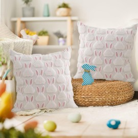 RABUSOFA Easter Pillow Covers 18x18 inch Set of 2 Easter Decorations Pink Ears White Rabbit Soft Plush Faux Fur Jacquard Throw Pillows for Bedroom Sofa Holiday Home Decor