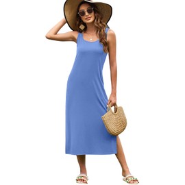 Naggoo Womens Sleevelee Midi Dress Summer Casual Split Maxi Beach Sundresses Gray Blue