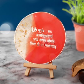 Tarini Gallery Handmade Gayatri Mantra Sculpture Display Plate with Stand Decorative Showpiece for Home Office Temple Yoga Religious Décor and Gifting (Red Display)