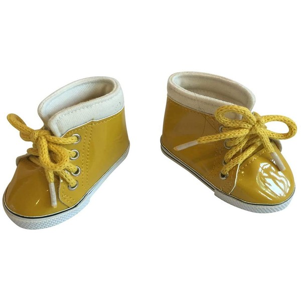 The New York Doll Collection Yellow Shiny Leather Doll Sneakers Trainers fits All 18 Inch/ 46 cm Dolls - for Fashion Girl Dolls - Doll Shoes - Doll Trainers
