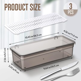 Remerry 3 Pcs Flatware Tray with Lid and Drainer, Plastic Utensil Organizer, Kitchen Cutlery Transparent Storage Box with Lid and Drain Rack, Drawer Tableware Storage Box for Home and Travel (Grey)