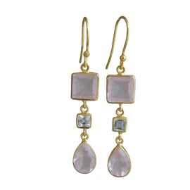 Blue Topaz and Rose Quartz Gold Plated 925 Sterling Silver Earrings