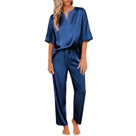 Ekouaer Satin Womens Pyjamas Sets Loungewear with Drawstring Cosy Nightwear Short Sleeve Top and Pjs Set,Navy Blue,XL