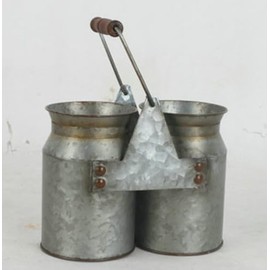 UPPER DECOR Vintage Galvanized Metal Double Planter Buckets with Handle, Indoor Outdoor Flower Pots, Rustic Farmhouse Tub for Herbs, Succulents, Wedding or Tabletop Decor, 8x4x6.75 Inch