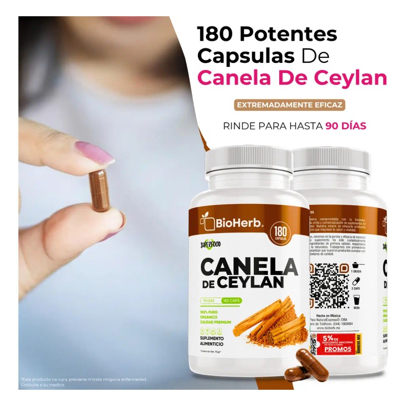Bioherb Canela Ceylán 100 Pura Certificada Origen 180 Cápsulas Alta