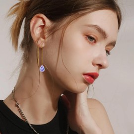 14K Solid Gold Alexandrite Gemstone Threader Earrings for Women,Real Gold June Birthstone Chain Drop Dangle Pull Through Earrings Jewelry Gifts for Mom Wife Christmas Birthday Mother's Day