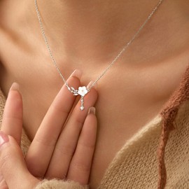 FUNYCHEN White Shell Flower Pendant Necklace for Women 925 Sterling Silver Dainty 14K Gold Plated Cute Floral Lucky Leaf CZs Chain Necklace to Daugther Mom Elegant Beach Wedding Birth Jewelry (Silver)