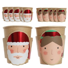 Christmas Cups - Pack of 10 with Santa Claus and Elf Paper Kraft Eco Cup Xmas Set with Attachable Details - Do It Yourself Christmas Party Tableware Decoration