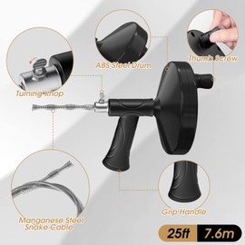 Drain Auger, 25ft Snake Plumbing Drain Snake, Heavy Duty Flexible Sink Drum Auger for Efficient Drain Clog Removal