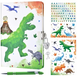 Watercolour Dinosaur Diary Set - Luminous Notebook Gift for Boys Children Travel Journals School Notebooks A5 Memos Writing Notepad Ballpoint Pen Sticker with Lock and Keys
