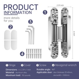6" 2 pcs Hidden Hinges for Doors Invisible Hinges Concealed Zinc Alloy 180 Degree Swing 3 Way Adjustable Butt Silent Door Hinge 6 x 2.5 x 1 inch (Silver)