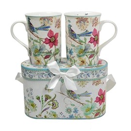 Lightahead Elegant Bone China Two Mugs set in Blue bird design 11.2 oz each cup in attractive gift box