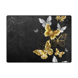 Bathroom Rug Doormat Home Decorative Gold White Butterflies Black Non-Slip Area Rug,Soft Microfiber Shaggy Plush Bath Rugs 19x31.5Inch