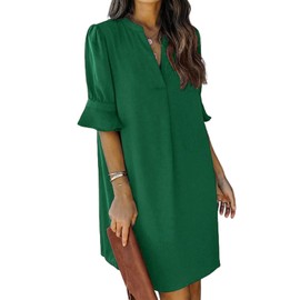 QACOHU Womens Dresses Casual Ruffle Short Sleeve V-Neck Flowy Swing Mini Dress Dark Green M