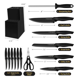 XANAPON Knife Set, 14 Pieces Kitchen Knife Set, High Carbon German Stainless Steel, Dishwasher Safe Cutlery with Sharpener, Black