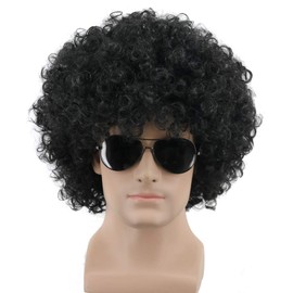 Yuehong Short Black Fluffy Disco Afro Wigs Synthetic Anime Cosplay Fancy Funny Wigs for Unisex Men Women Wigs (Black)