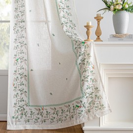 MYSKY HOME Boho Linen Blend Curtains 84 inches Long for Living Room Leaf Bird Patterned Farmhouse Drapes Light Filtering Privacy Protect Soft Touch Treatment Back Tab for Home, 50" Wide, Green, 2 Pcs