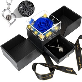 FOCIE Preserved Blue Real Rose with I Love You Necklace -Eternal Flowers Rose Gifts for Mom Grandma Wife Girlfriend on Mothers Day Valentines Day Gifts for Her Christmas Birthday Anniversary