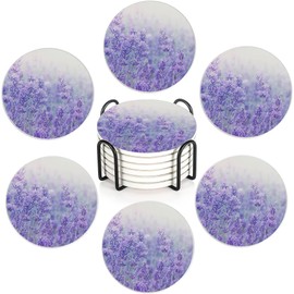 Lavender Field 6Pack Ceramic Drink Coasters,Quick-Absorb Stone Coasters with Anti-Slip Cork Backing & Metal Holder, Table Protectors for Kitchen Bar