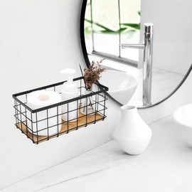 TIEYIPIN Black Metal Wire Storage Baskets with Wood Bottoms, Bathroom Storage Organizer Basket Bins, Set of 2 - Includes 2 Bonus Adhesive Hooks for Easy Wall Mounting